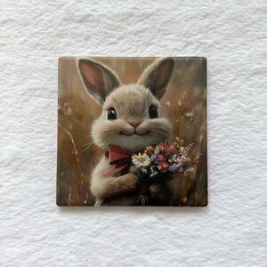 Ceramic Coaster Bunny With Flower Bouquet Home Decor Cute Animal Coaster